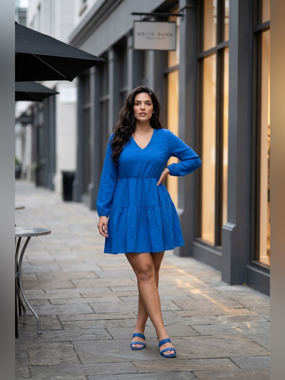 Fancyinn Royal Blue Tiered Shift Tunic Dress V-Neck Long Sleeve Pockets Large
